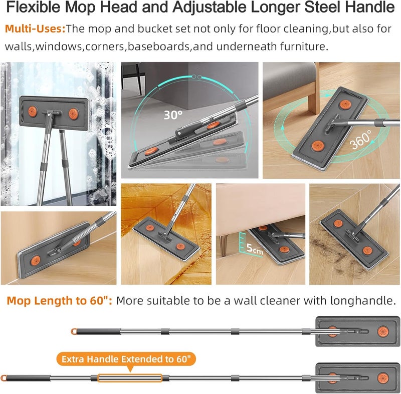 MOPALL Mop and Bucket with Wringer Set for Home, Hands-Free Flat Mop and Bucket Set for Floor Cleaning and Window Wall Cleaner, Wet and Dry Mop with 61" Long Handle and 3 Microfiber Pads - Image 4